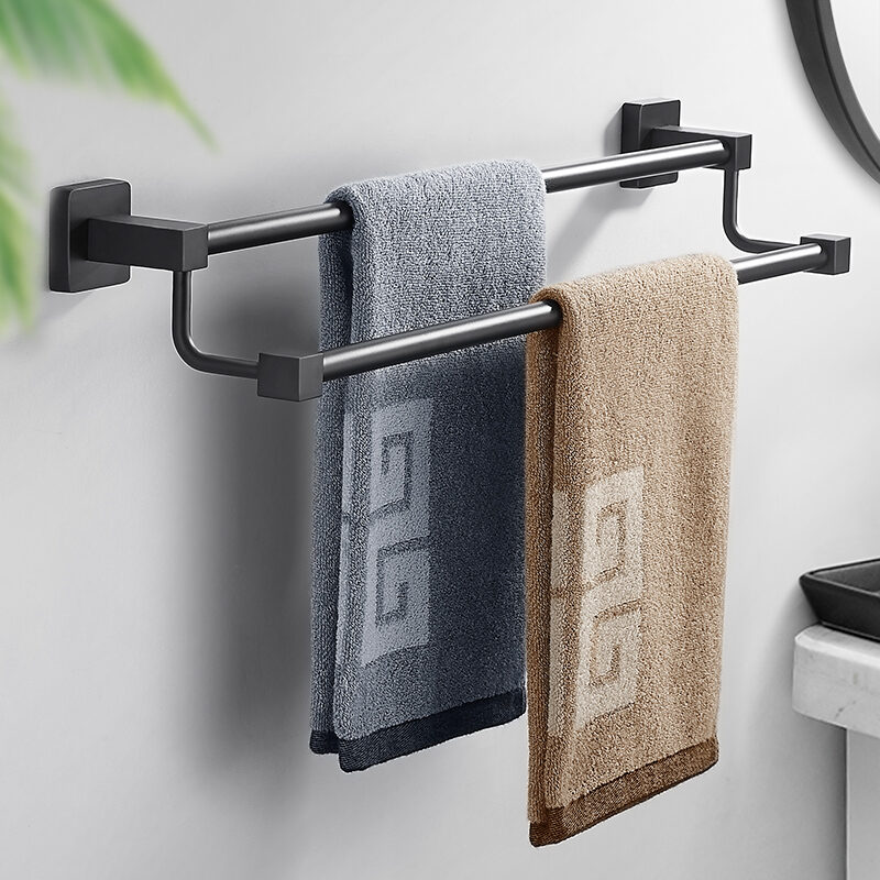 Black Towel Rack Punch-free Bathroom Bathroom Hardware Pendant Cool Towel Bar Double Poles Storage Rack Toilet