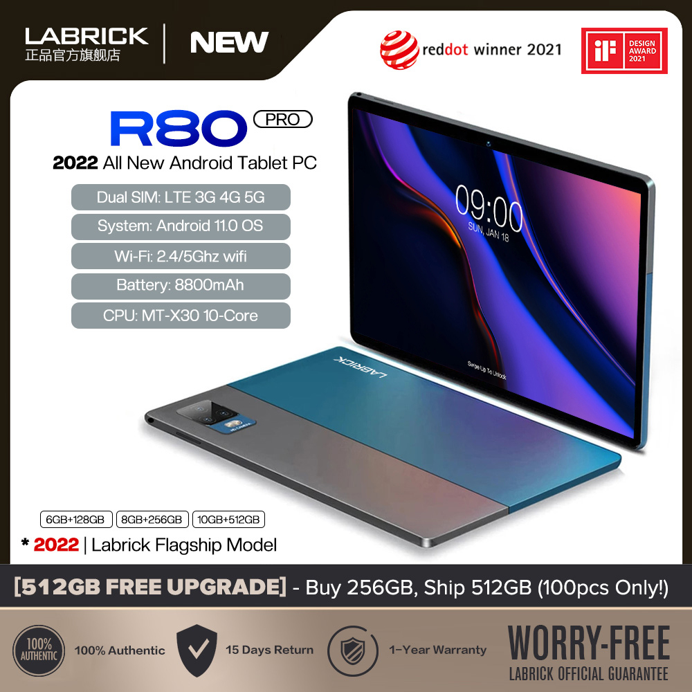 【2022 TOP5】LABRICK R80 Pro Tablet PC 10.1 Inches Android 11 8800mAh 4GB Dual SIM 5G WiFi Gaming Online Classroom Meeting for Students 10GB RAM 128GB 256GB 512GB ROM