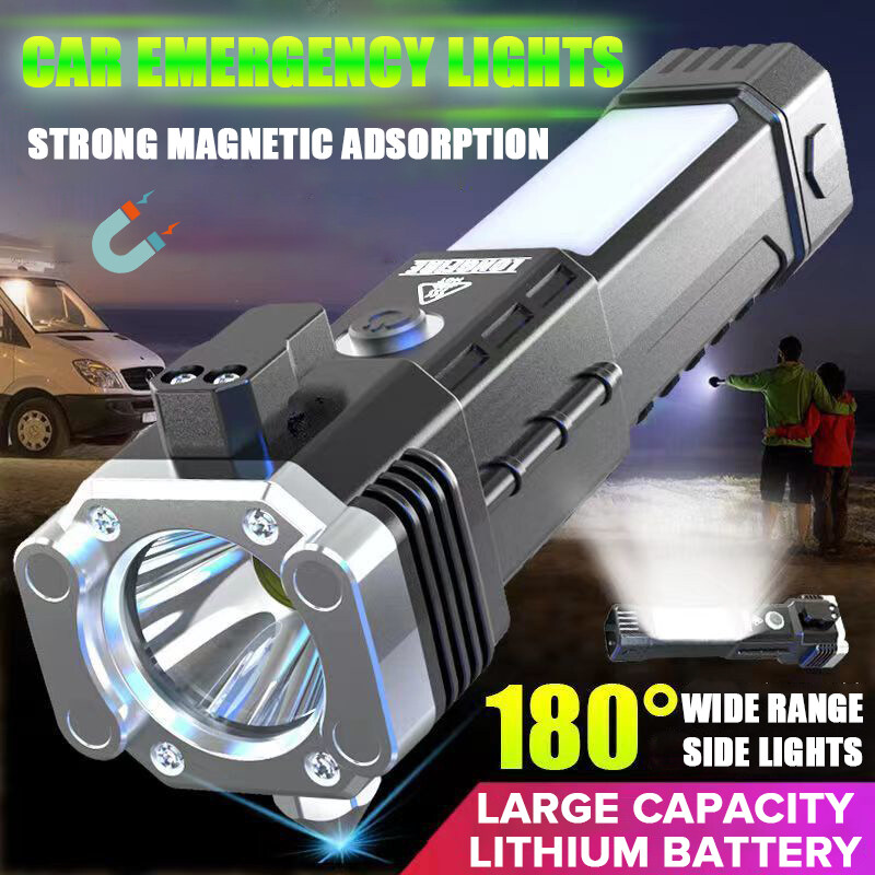 Strong Light Flashlight Outdoor Multi Function COB Work Light Car Safety Hammer Emergency Fire Self Rescue Broken Window
