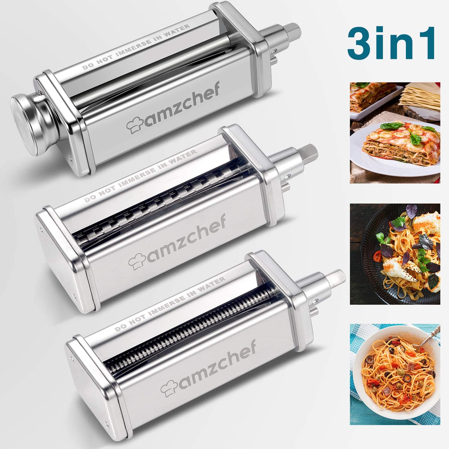 AMZCHEF 3-Piece Pasta Roller & Cutter Set Attachment Stainless Steel Pasta Noodle Maker Accessories For Kitchenaid Stand Mixer