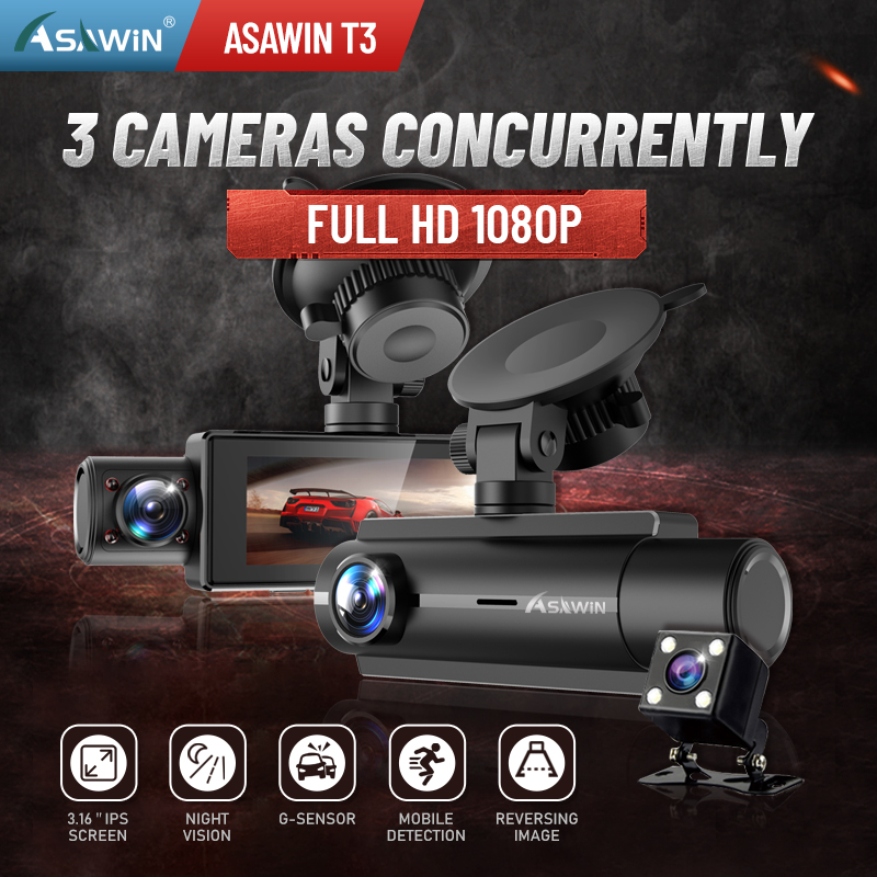 【Asawin T3】3 camera Dash cam hd for car 3 way camera front and rear outside and inside for taxi driver Recorder Night vision IPS Screen Full 1080p 【1 year warranty】