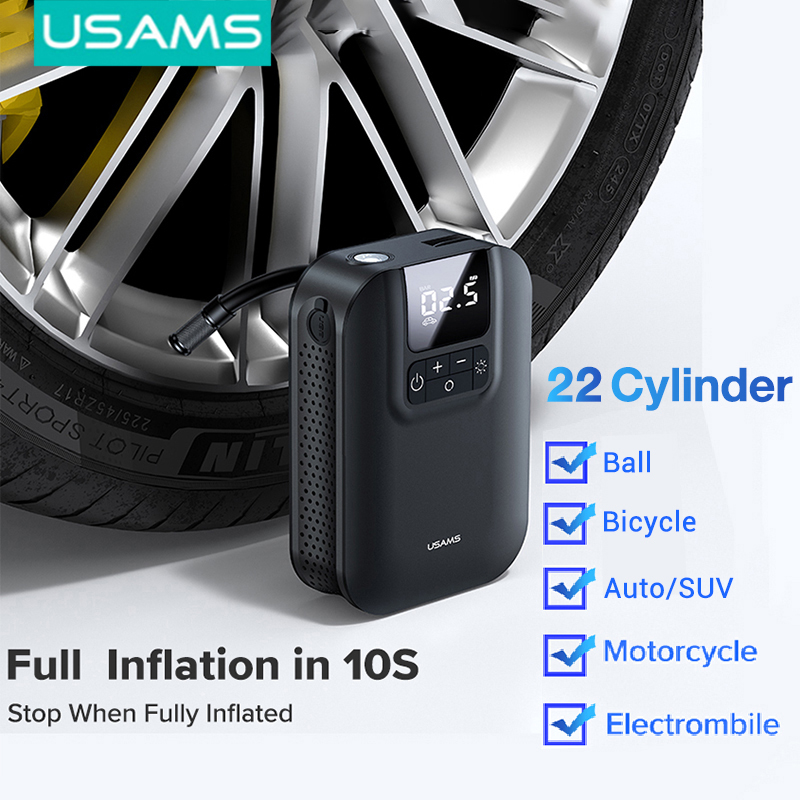 USAMS Mini Car Air Pump 22 Cylinder Wireless Fast Inflatable Pump air compressor Portable Digital Display For Car/Motorcycle/Bicycle Tires /Ball Inflator